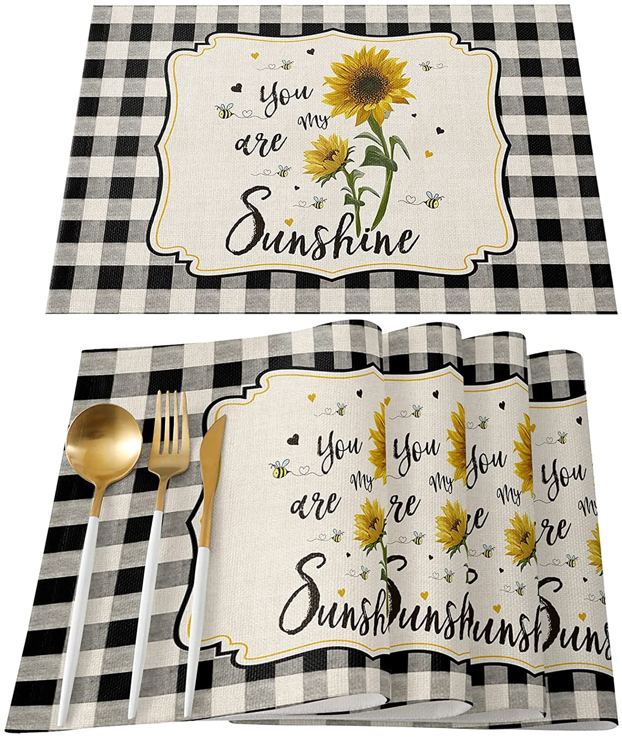 SPXUBZ Placemats, Black and White Plaid Sunflower Bee You Are My ...