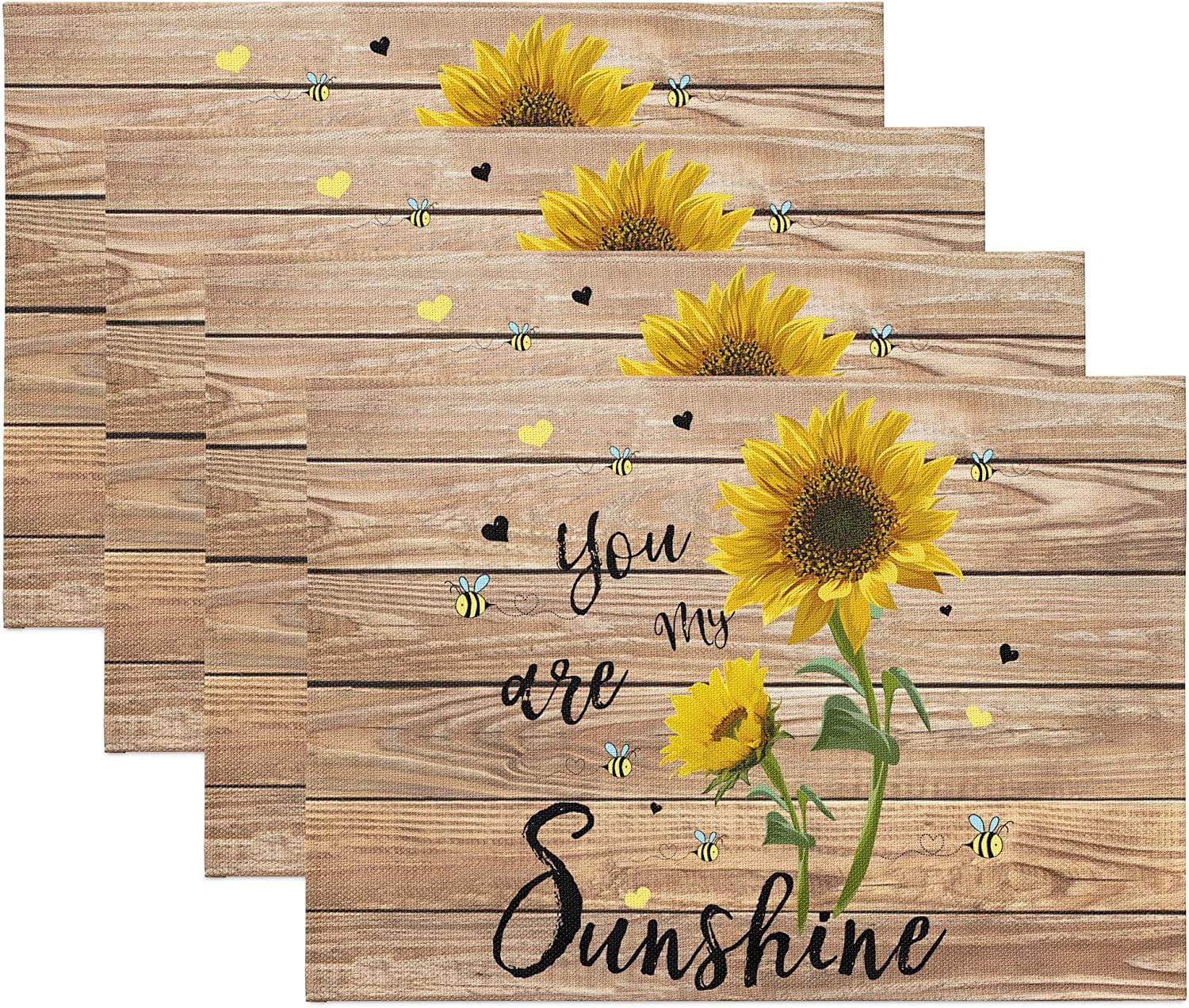 SPXUBZ Placemats, Rustic Wood Grain Sunflower Bee You Are My Sunshine ...