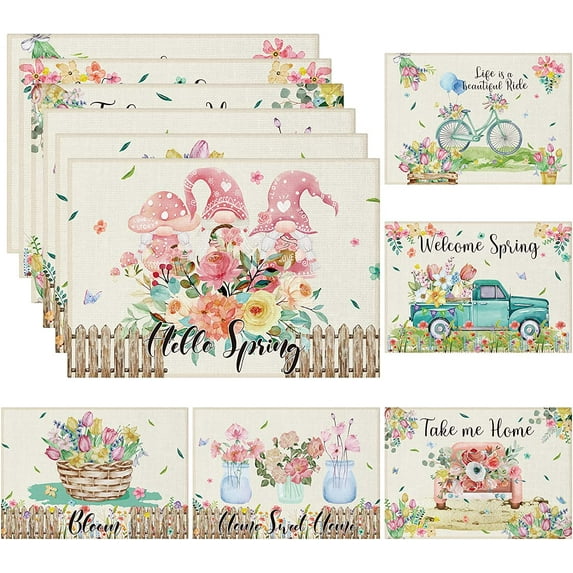 SPXUBZ Placemats, Spring Flowers Truck Vase Bicycle Gnome 18x12 Inch Placemats for Home Table Holiday Decor Placemat Set of 6