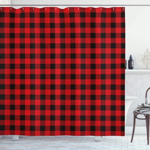SPXUBZ Plaid Shower Curtain, Lumberjack Fashion Buffalo Checks Pattern Retro Style Grid Composition, Cloth Fabric Bathroom Decor Set with Hooks, 72" W x 72" L, Orange Black