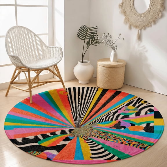 SPXUBZ Psychedelic Retro Neon Rainbow Stripe Round Area Rug, Velvet Washable Circle Carpet, Non-Slip Backing Floor Mat for Kids Room Game Room Trippy Pop Art Decor (31.5", 39.4", 63", 78.7")