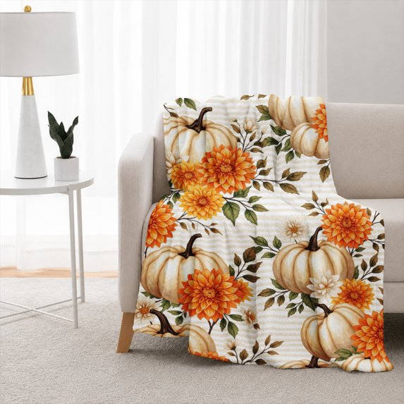 SPXUBZ Pumpkin Floral Pattern Flannel Blanket Soft Plush Throw Blanket Autumn Decor Cozy Warm Blanket for Couch Bed Home 50"x40"