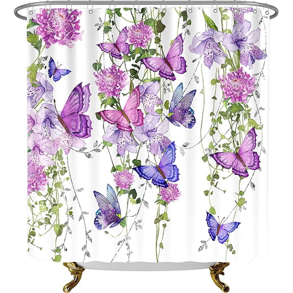 SPXUBZ Purple Butterfly Shower Curtains for Bathroom, Spring Shower Curtain Butterflies Rustic Floral Shower Curtain with 12 Hooks, Machine Washable Waterproof Fabric, 72X72 Inches