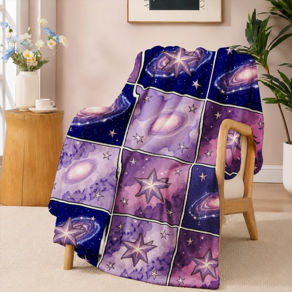 SPXUBZ Purple Galaxy Space Stars Grid Pattern Flannel Throw Blanket Soft Warm Cozy Fleece Blanket for Bedroom Living Room Decor