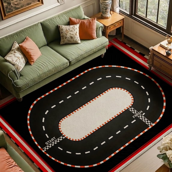 SPXUBZ Racing Track Velvet Area Rug, Black Road Pattern Rectangle Floor Carpet, Soft Plush Non Slip Rug for Game Room Bedroom 47.2"×31.5"