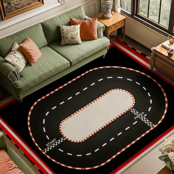 SPXUBZ Racing Track Velvet Area Rug, Black Road Pattern Rectangle Floor Carpet, Soft Plush Non Slip Rug for Game Room Bedroom 63"×39.4"
