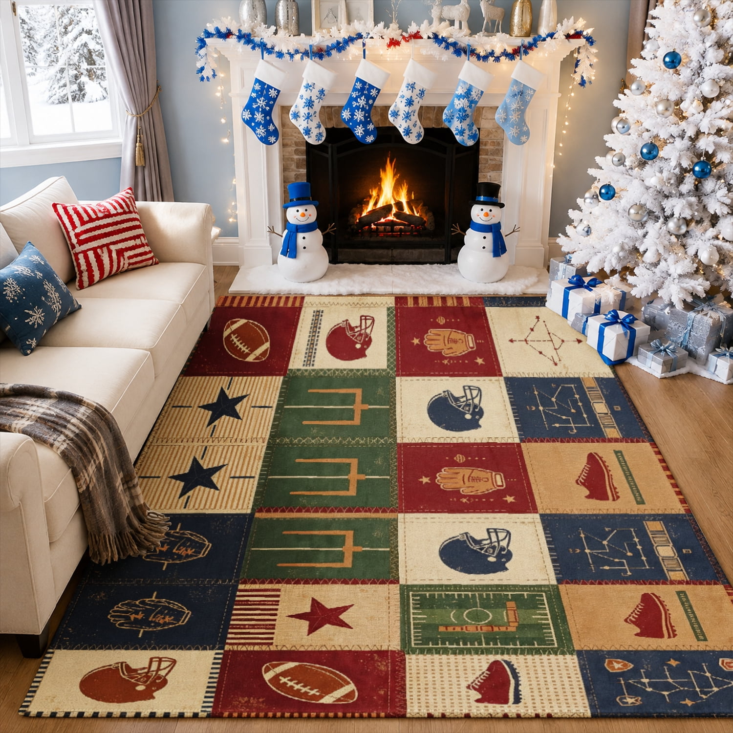 SPXUBZ Rectangle Velvet Area Rug Vintage Sports Football Grid Pattern ...