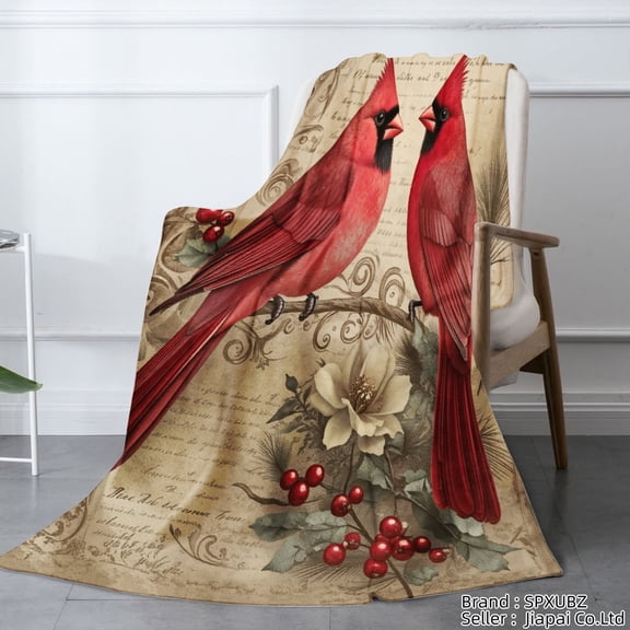 SPXUBZ Red Cardinal Birds Floral Design Throw Blanket for Winter Christmas Gift Home Sofa Bed Decoration 80x60 inch