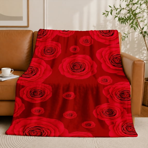 SPXUBZ Red Rose Flannel Fleece Blanket, Floral Pattern Throw Blanket, Romantic Flower Design Soft Cozy Blanket for Bedroom Sofa Decor