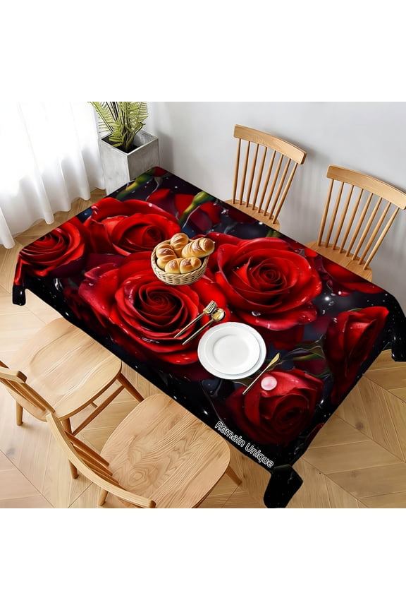 SPXUBZ Red Roses Floral Pattern Table Cloth For Rectangle Tables 70x55 inch Stain Resistant Washable Polyester Table Cloth Decorative Fabric Table Cover For Dining Tables Buffet Parties