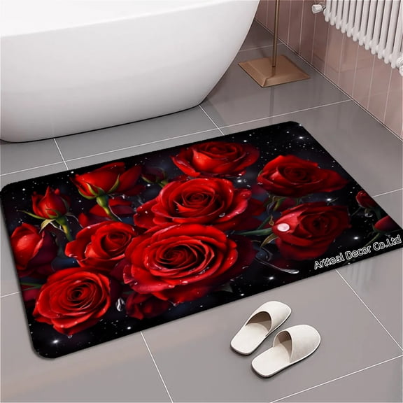 SPXUBZ Red Roses On Black Background Non Slip Kitchen Mats Bathroom Rugs Floor Mats for Floor 24x16 inch