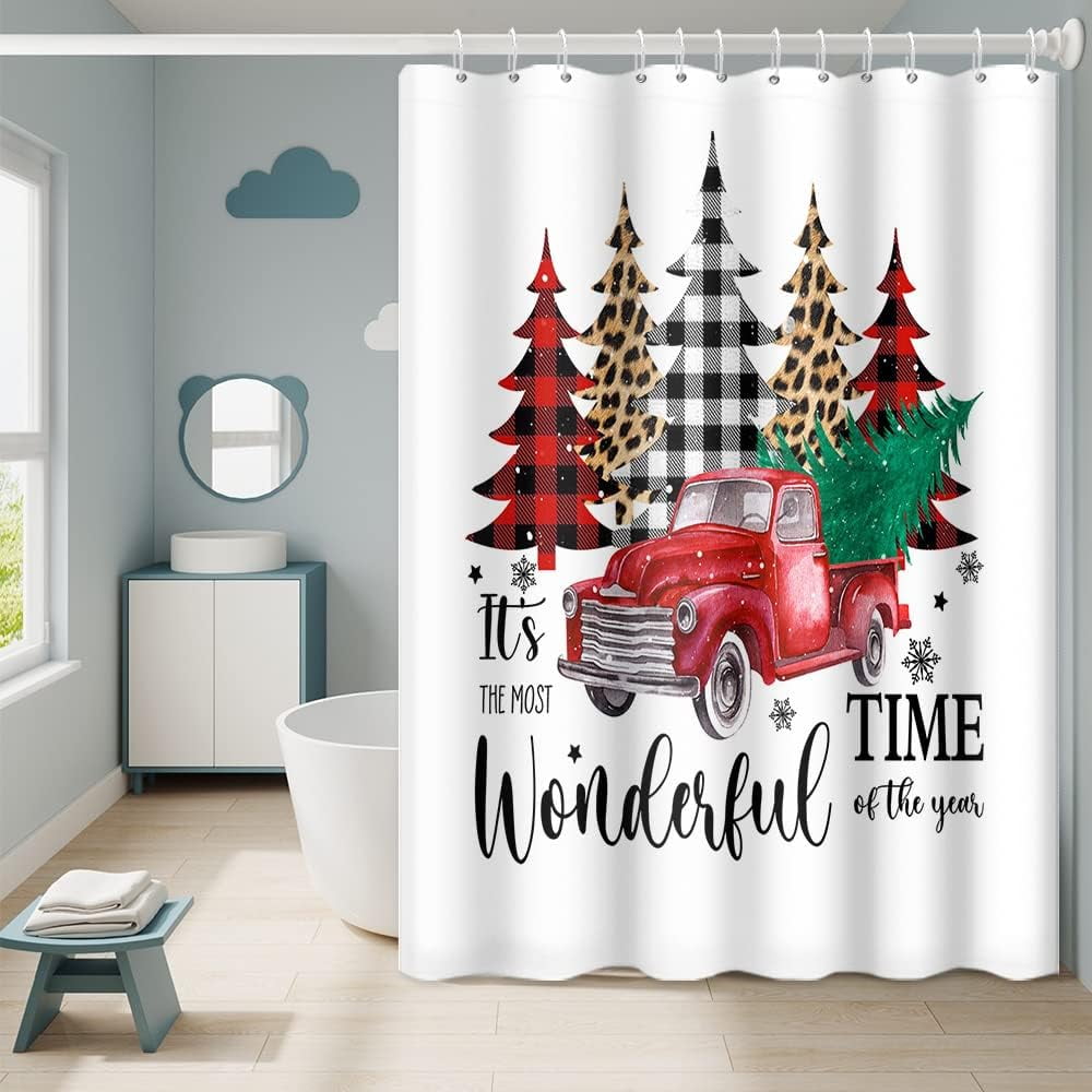 SPXUBZ Red Truck Shower Curtain for Bathroom Colorful Pine Trees Design