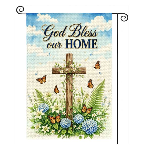 SPXUBZ Religious Welcome Garden Flag 12x18 Inch, Cross Floral Linen Yard Flag with Butterfly Design, Outdoor Decorative Flag for Garden Lawn Porch Home Decoration