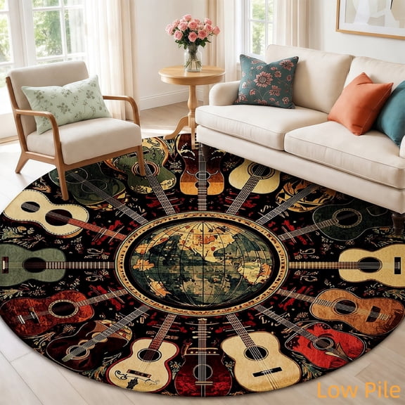 SPXUBZ Retro Music Guitar Instruments Collage Art Round Area Rug, Soft Velvet Circle Carpet Non-Slip Floor Mat for Living Room Bedroom Home Decor