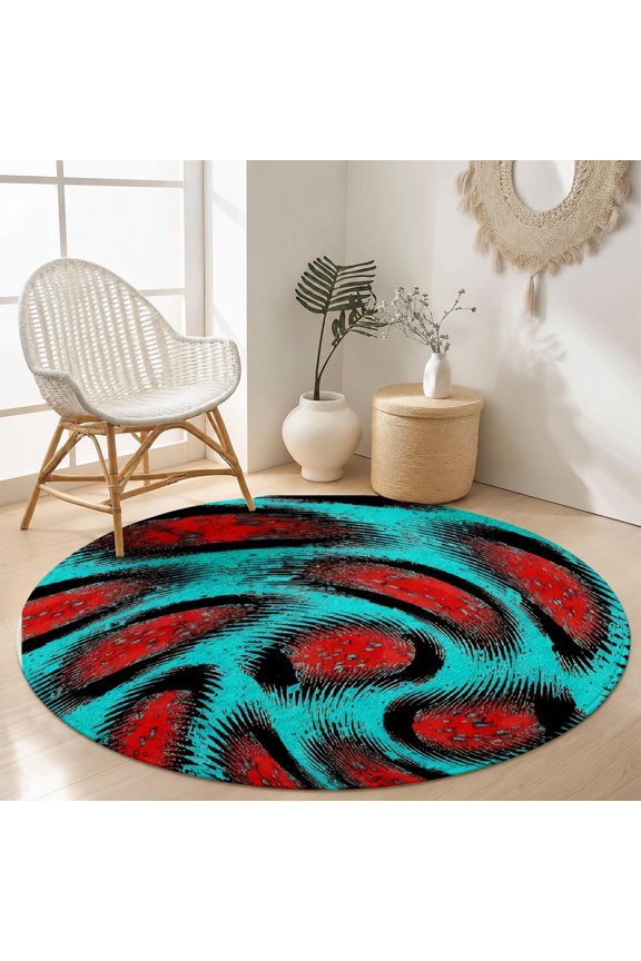 Retro Teal Aqua Blue Abstract Wave Ripple Round Area Rug, Velvet Washable Circle Carpet, Non-Slip Backing Floor Mat for Living Room Bedroom Pop Art Decor (31.5", 39.4", 63", 78.7")