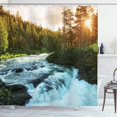 thumbnail image 1 of SPXUBZ River in Norway Sunrise Sunbeams Through Pine Trees Springtime Scenic, Cloth Fabric Bathroom Decor Set with Hooks,72x72inch, Apple Green Pale Blue, 1 of 5