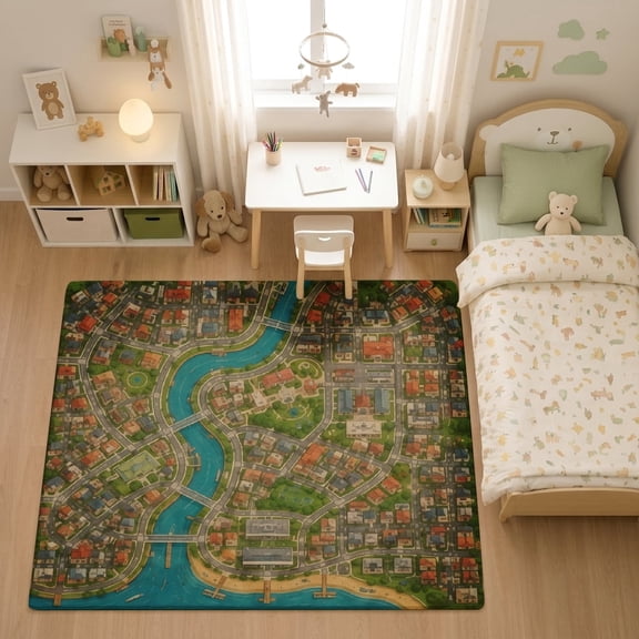 SPXUBZ River Stream Town Traffic Map for son and daughter Play Rug, Soft Velvet City Road Map Area Rug for Playroom Bedroom, Educational Toy Car Track Floor Mat