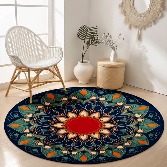 SPXUBZ Round Velvet Area Rug Classic Navy Blue White Mandala Circular Floor Mat Soft Medallion Accent Carpet for Bedroom Living Room Boho Home Decor Non-Slip Modern Throw Rugs