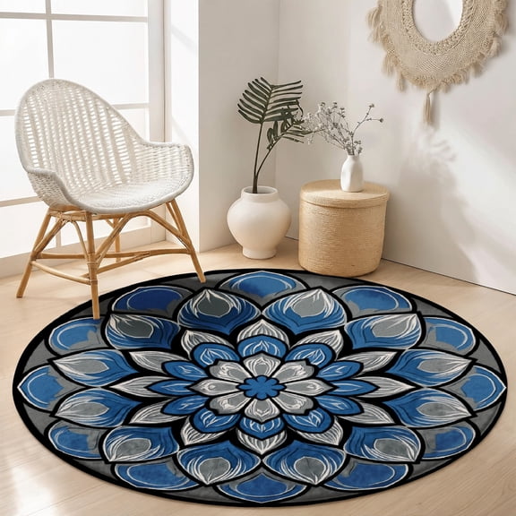 SPXUBZ Round Velvet Area Rug Classic Navy Blue White Mandala Circular Floor Mat Soft Medallion Accent Carpet for Bedroom Living Room Boho Home Decor Non-Slip Modern Throw Rugs
