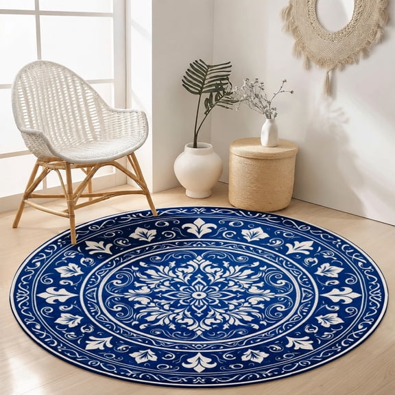 SPXUBZ Round Velvet Area Rug Classic Navy Blue White Mandala Circular Floor Mat Soft Medallion Accent Carpet for Bedroom Living Room Boho Home Decor Non-Slip Modern Throw Rugs