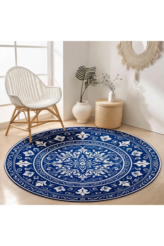 Round Velvet Area Rug Classic Navy Blue White Mandala Circular Floor Mat Soft Medallion Accent Carpet for Bedroom Living Room Boho Home Decor Non-Slip Modern Throw Rugs