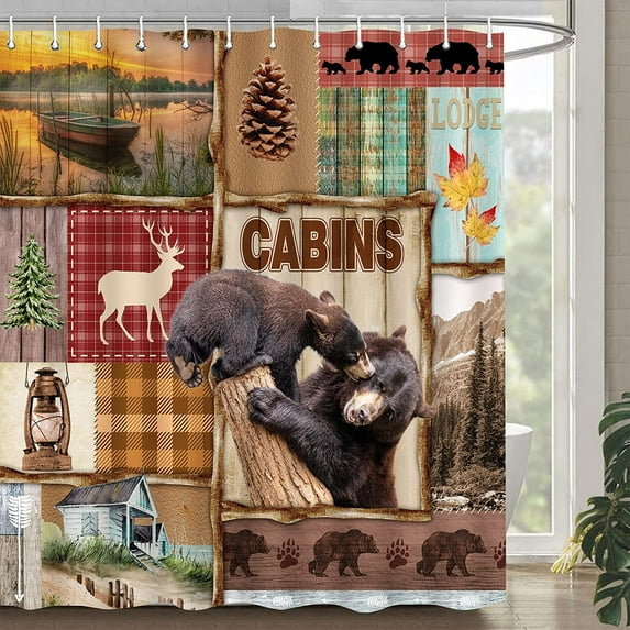 SPXUBZ Rustic Bear Cabin Deer Shower Curtain Farmhouse Forest Moose Elk Patchwork Buffalo Plaid Hunting Adventure Natural Scenery Fabric Polyester Bath Curtains Bathroom Set Hooks 72x72 Inch