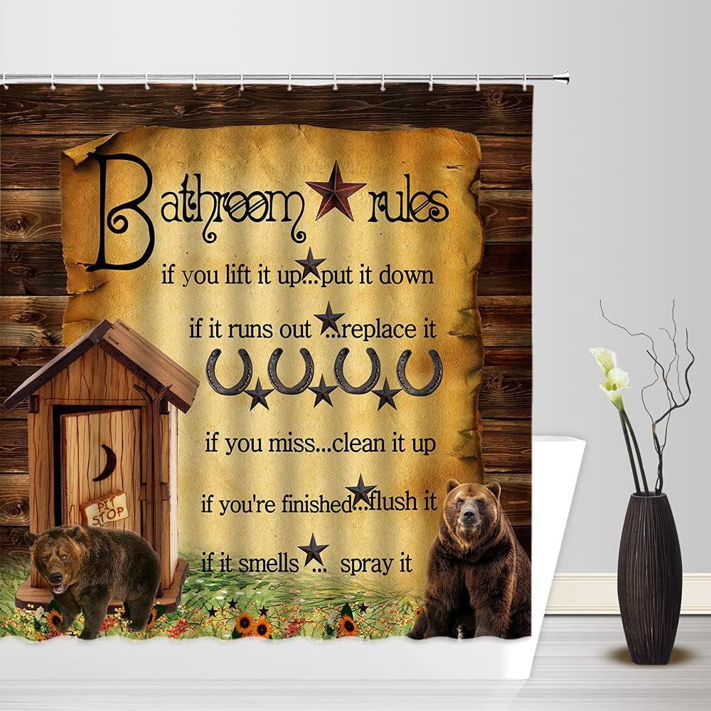 SPXUBZ Rustic Cabin Shower Curtain Vintage Bathroom Rules Outhouse Wild