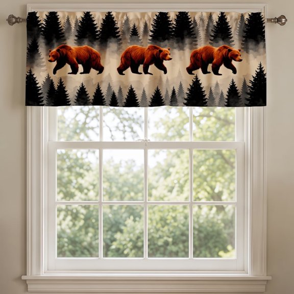SPXUBZ Rustic Forest Bears Pine Trees Timber Cabin Window Valance, Rod Pocket Kitchen Curtains Valance for Bathroom Living Room Small Window Treatment, 1 ...