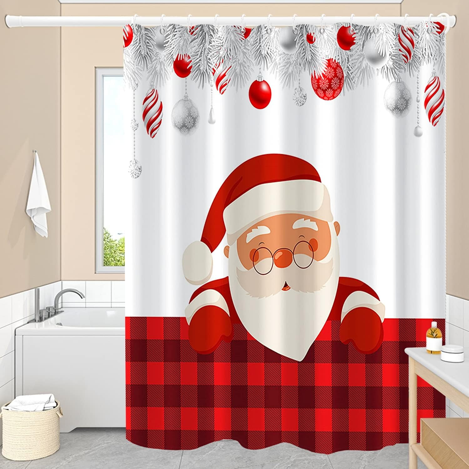 SPXUBZ Santa Claus Shower Curtain for Bathroom White Christmas Balls