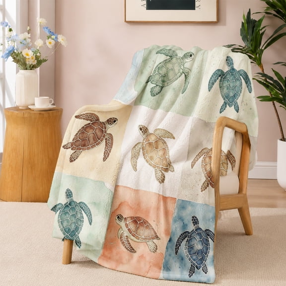 SPXUBZ Sea Turtle Patchwork Flannel Fleece Blanket Ocean Animal Throw Blanket Vintage Marine Pattern Soft Cozy Blanket for Bedroom Decor 50"x40"
