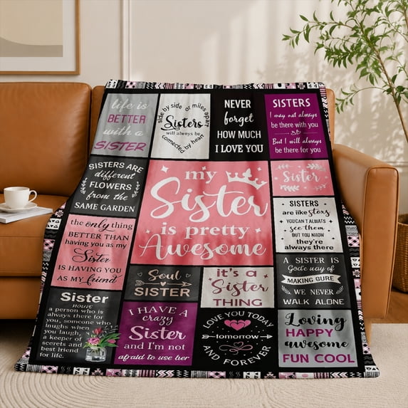 SPXUBZ Sister Quote Flannel Fleece Blanket, Family Gift Throw Blanket with Inspirational Text Design, Soft Cozy Blanket for Bedroom Couch
