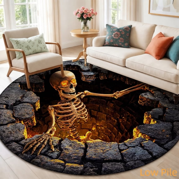 SPXUBZ Skeleton Skull Stone Brick Dungeon Round Area Rug, Soft Velvet Circle Carpet Non-Slip Floor Mat for Living Room Bedroom Home Decor 31.5" × 31.5"