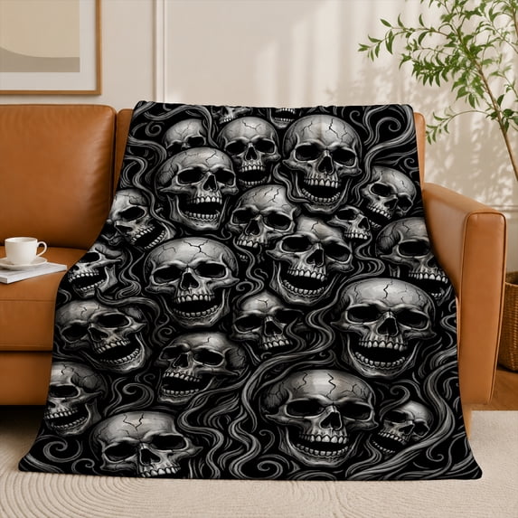 SPXUBZ Skull Pattern Flannel Fleece Blanket, Gothic Style Throw Blanket, Soft Cozy Warm Blanket for Bedroom Sofa Home Decor