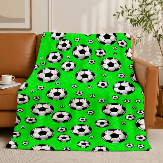SPXUBZ Soccer Pattern Flannel Fleece Blanket, Football Style Throw Blanket, Soft Cozy Blanket for Kids Bedroom Playroom Home Decor