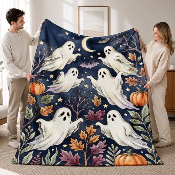 SPXUBZ Soft Warm Cozy Cute Halloween Ghosts Crescent Moon Stars Flannel Throw Blanket For Bed Couch Sofa Spooky Decor Gift