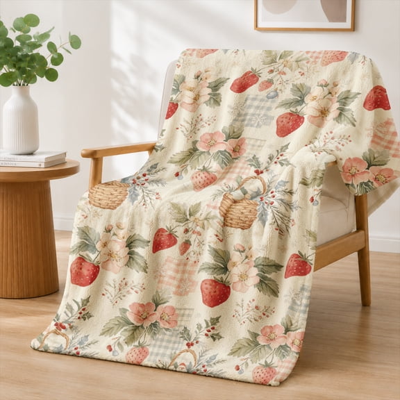 SPXUBZ Soft Warm Cozy Fresh Strawberries Botanical Patchwork Flannel Throw Blanket For Bed Couch Sofa Kitchen Decor Gift
