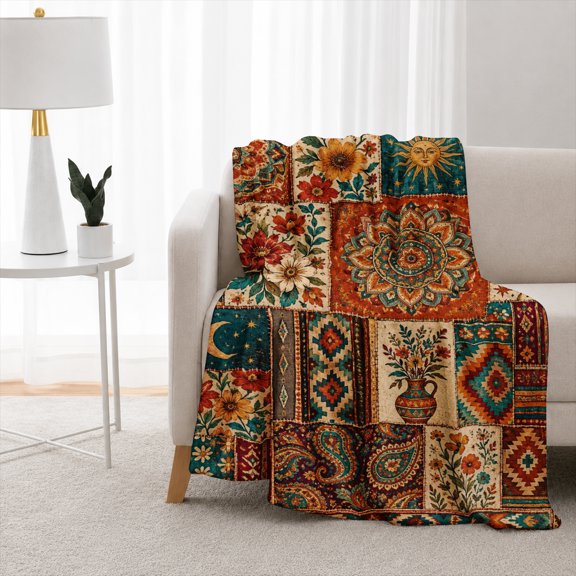 SPXUBZ Soft Warm Cozy Vintage Ornamental Paisley Floral Tile Flannel Throw Blanket For Bed Couch Sofa Aesthetic Decor Gift