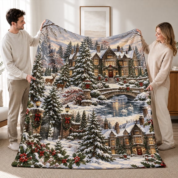 SPXUBZ Soft Warm Cozy Winter Mountain River Snow Village Scene Flannel Throw Blanket For Bed Couch Sofa Rustic Lodge Decor
