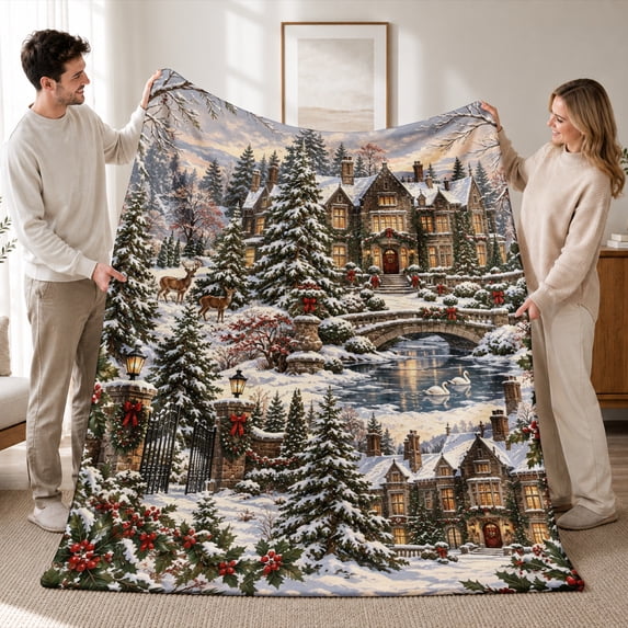 SPXUBZ Soft Warm Cozy Winter Mountain River Snow Village Scene Flannel Throw Blanket For Bed Couch Sofa Rustic Lodge Decor