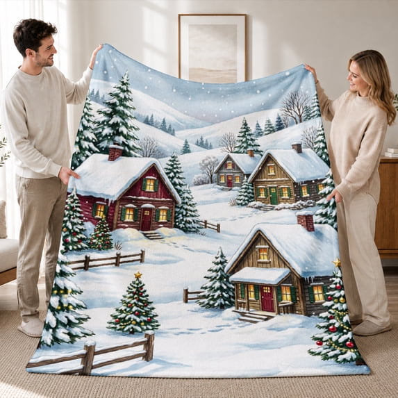 SPXUBZ Soft Warm Cozy Winter Snow Village Red Roof Cabins Flannel Throw Blanket For Bed Couch Sofa Holiday Decor Gift