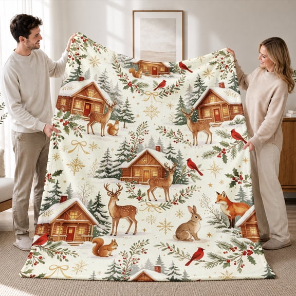 SPXUBZ Soft Warm Cozy Winter Snowy Forest Animals Cabins Pattern Flannel Throw Blanket For Bed Couch Sofa Holiday Decor