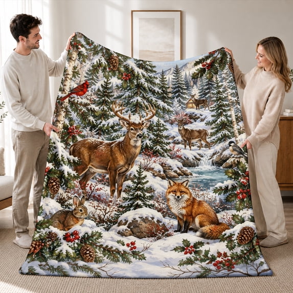 SPXUBZ Soft Warm Cozy Winter Snowy Forest Majestic Deer Foxes Flannel Throw Blanket For Bed Couch Sofa Rustic Lodge Decor
