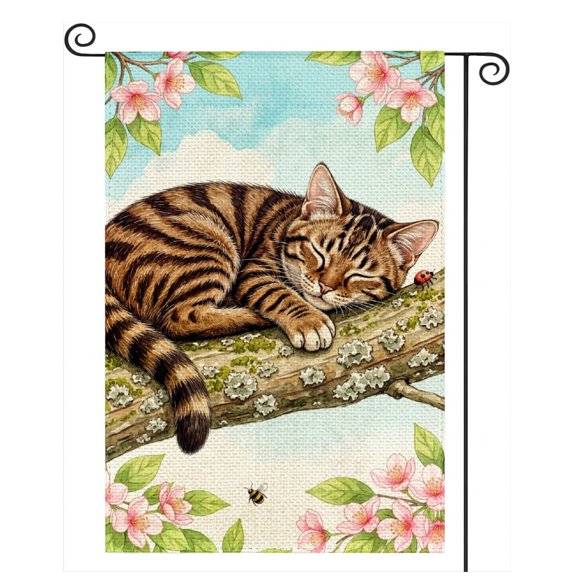 SPXUBZ Spring Cat Garden Flag, 12x18 Inch Vertical Double-Sided Pink Floral Rustic Holiday Outdoor Yard Decor Flag
