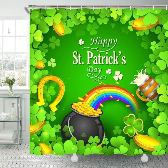 SPXUBZ St. Patrick's Day Shower Curtain Pot of Gold Coins Shamrocks Green Hat and Horseshoe Bathroom Curtain Irish Holiday Fabric Shower Curtains with Hooks 72" W x 72" L