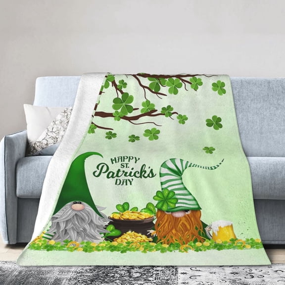 SPXUBZ St. Patrick's Day Throw Blanket - Gnome Shamrock Flannel Blanket for Sofa Couch Bed