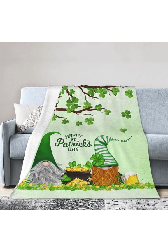 St. Patrick's Day Throw Blanket - Gnome Shamrock Flannel Blanket for Sofa Couch Bed