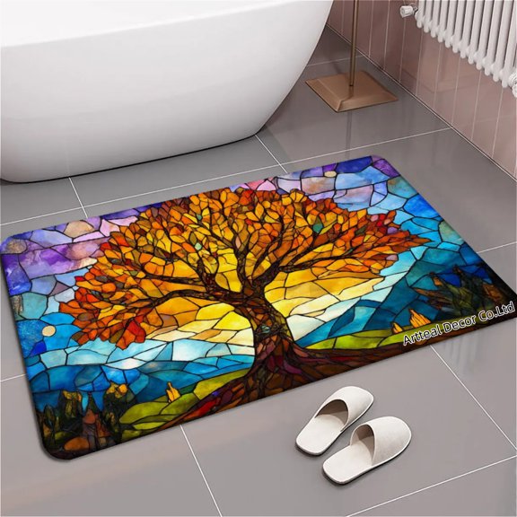 SPXUBZ Stained Glass Tree Landscape Art Non Slip Kitchen Mats Bathroom Rugs Floor Mats for Floor 24x16 inch