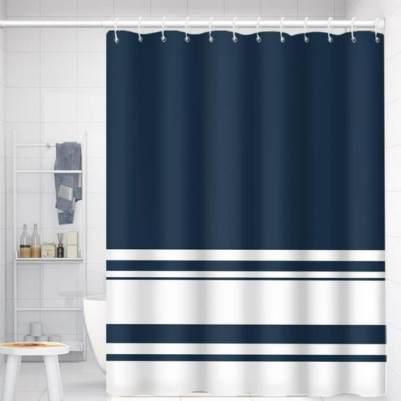 SPXUBZ Stripes Fabric Bathroom Shower Curtain Navy Blue and White Lines Minimalist Shower Curtain Washable Durable Fabric Modern Art Home Decorative Shower Curtain with Hooks, 72x72 Inch