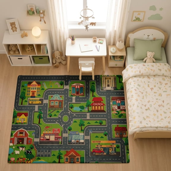 SPXUBZ Suburban Town Houses Play Track Map for son and daughter Play Rug, Soft Velvet City Road Map Area Rug for Playroom Bedroom, Educational Toy Car Track Floor Mat