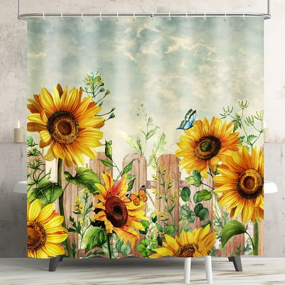 SPXUBZ Sunflower Rustic Farmhouse Shower Curtain Set, Yellow Floral Waterproof Quick-Dry Fabric Shower Curtains, Sunflower Bathroom Curtain Decor with 12 Hooks, 72x72